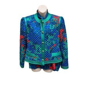 Vintage Lilli Ann Collections Quilted Floral Jacket & Blouse Set 80s Bold Blue
